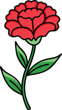 recommend clip art: Red carnation flower with green stem and leaves, Vector illustration of a red carnation flower with ruffled petals, a green stem, and three leaves, featuring a bold and elegant design.
                    