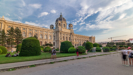 Beautiful view of famous Naturhistorisches Museum with park and sculpture timelapse hyperlapse in Vienna, Austria