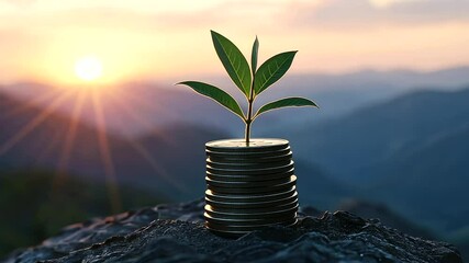 A stack of coins arranged in front of a rising sun on a mountaintop, with a plant sprouting from the top coin, symbolizing new beginnings in financial growth and investment success