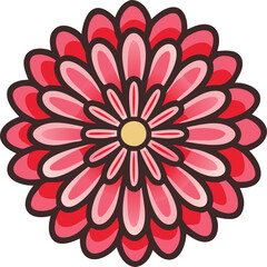 Colorful red and pink layered flower illustration, Vector illustration of a vibrant flower with layered red and pink petals, a yellow center, and a bold outline, featuring a circular and decorative de