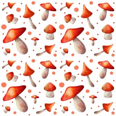 Amanitas seamless pattern mushrooms print