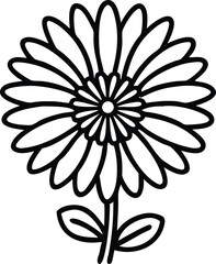 Black outline of a detailed daisy flower, Line art illustration of a daisy flower with multiple layered petals, a textured circular center, and two small leaves on the stem.
