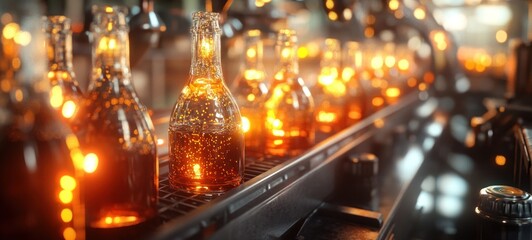 Bottles on Conveyor Belt in Factory