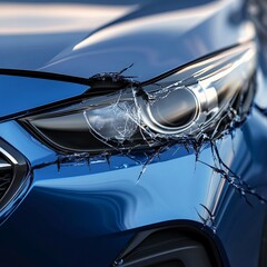 Hyper-realistic frontal view of a new car with a broken left headlight in blue