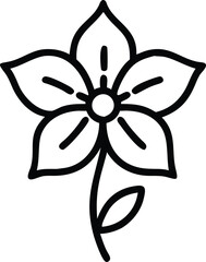 Simple black outline of a five-petal flower, Minimalistic line art of a flower with five rounded petals, a central circle, and a single leaf, featuring a clean black outline.
