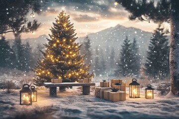A festive Christmas scene in a quiet forest, featuring a tall