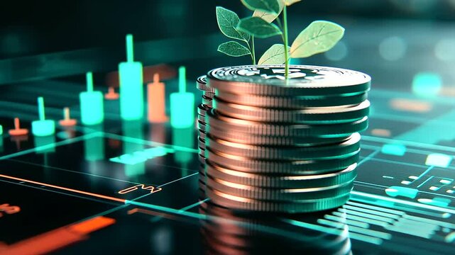 A stack of coins set on a futuristic, glowing surface with holographic financial data floating around, and a plant sprouting from the top, symbolizing the blend of technology and f