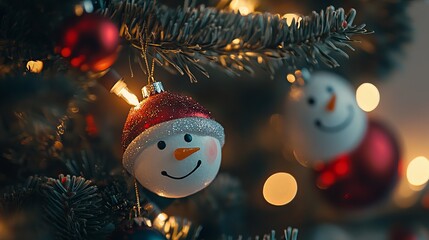 Obraz premium A close-up view of Christmas tree decorations, showcasing vibrant ornaments, glittering baubles, and twinkling lights nestled among lush green branches, capturing the festive holiday spirit.