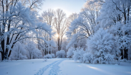 Obraz premium Frozen trees in heavy frost illuminated by low winter sun with snowy ground and frozen silence
