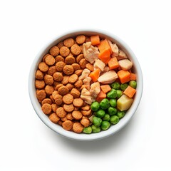 A bowl of dog food seen from above, half kibble, half meat and vegetables