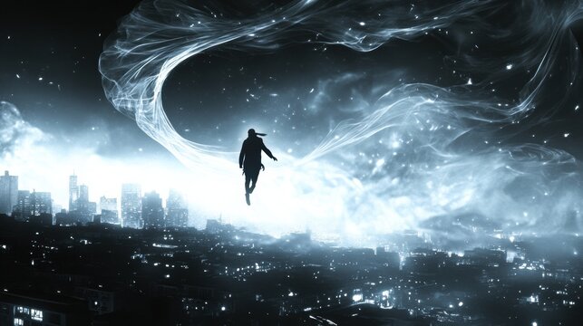 A silhouette floats above a cityscape, enveloped in ethereal, swirling mist, AI