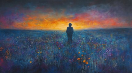 Obraz premium A silhouette stands in a vibrant field under a dramatic sunset sky, AI
