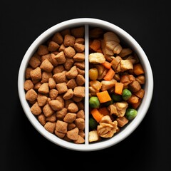 A bowl of dog food seen from above, half kibble, half meat and vegetables