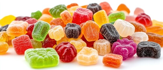 A pile of colorful hard candy and pastries lay on a white background