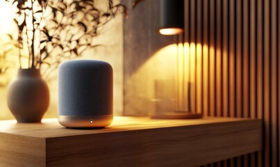 Modern smart speaker on a shelf in a contemporary interior, with minimalistic design elements and muted lighting, creating a calm and sophisticated ambiance