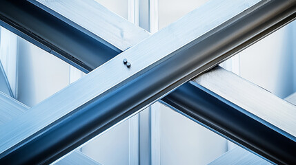Obraz premium Metal intersecting beams creating geometric pattern. Abstract background. Metal bridge structures. Steel use for bridge construction.