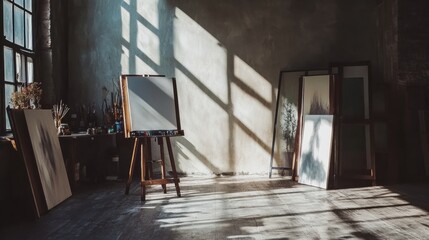 Sunlit artist's studio with easels and canvases creating a serene, creative atmosphere, AI