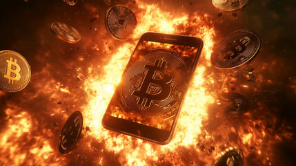 a smartphone with fire and an explosion of bitcoin coins in a bullish cryptocurrency market