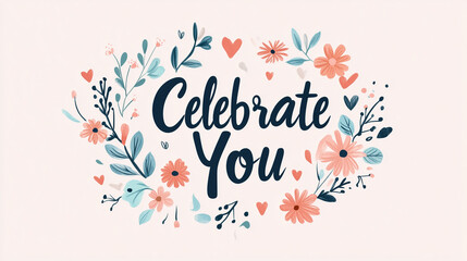 Celebrate You floral illustration with hearts and leaves