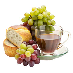 Vintage dishes with grape apple and wine in the glass