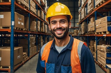 Smiling depot employee in an organized warehouse aisle, wearing an orange vest. Perfect for supply chain and retail imagery.
