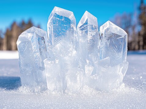Sparkling clear quartz crystals in the snow