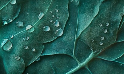 Fototapeta premium Microscopic View of Glistening Water Droplets on Fresh Green Leaves