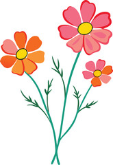 Colorful floral illustration with pink and orange flowers, Vector illustration of pink and orange flowers with thin green stems, featuring a vibrant and playful design style.
