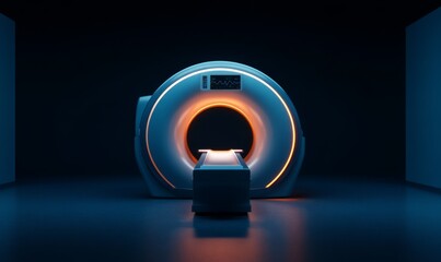 MRI machine, magnetic resonance imaging machine on a dark blue background. Concept medicine, technology, future