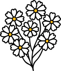 Daisy flower bouquet outline illustration, Black and white outline of a bouquet of daisies with yellow centers, featuring a simple and elegant line art design.
