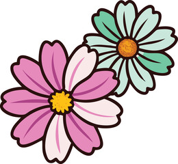 Pink and Teal Flower Duo with Yellow Centers, Illustration of two overlapping flowers, one pink and one teal, each with a vibrant yellow center, showcasing a cheerful and colorful design.
