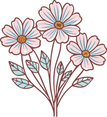 Pastel Pink Flower Bouquet with Blue Leaves, Illustration of a delicate bouquet featuring three pastel pink flowers with yellow centers and stylized blue leaves, showcasing an elegant and soft design.