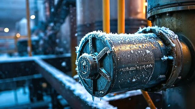 A close-up of a motor in an industrial refrigeration room, with complex water pipes extending in all directions, frost visibly clinging to the metal, emphasizing the room's cold ef