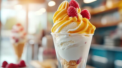 A single serving of creamy vanilla ice cream garnished with ripe raspberries, capturing the essence of fresh summer desserts in a refreshing café ambiance.