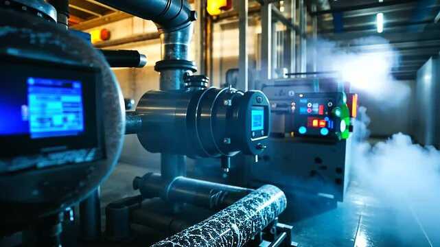 An industrial refrigeration room with intricately connected water pipes and a powerful motor, with cold, misty air settling on the metallic surfaces and creating a frosty glow arou
