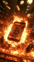 a smartphone with fire and an explosion of bitcoin coins in a bullish cryptocurrency market