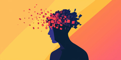 Colourful image of head disintegrating into pixel particles
