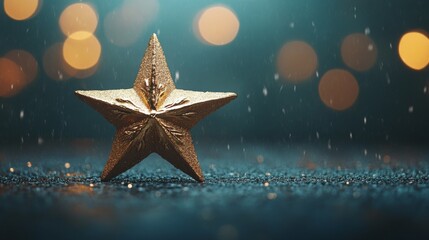 Golden Star Ornament on a Blue Glittery Background with Bokeh Lights and Snow