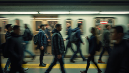 Crowded subway platform, motion blur of people moving