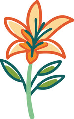 Orange and Yellow Lily Flower with Leaves, Illustration of an orange and yellow lily flower with pointed petals, green leaves, and a slender stem, showcasing a vibrant and cheerful design.

