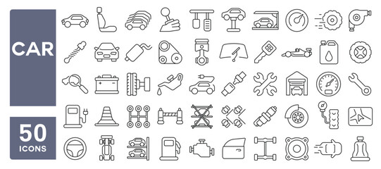 Set of 50 line icons related to car, electric, vehicle, parking, repair, parts, maintenance, fuel, wheel, battery, Editable stroke. Vector illustration