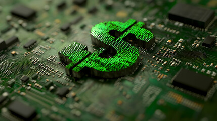 Digital Dollar Sign on Circuit Board, money, finance, currency, banking, technology