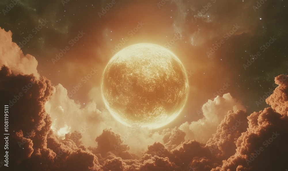 Wall mural image of a planet with a glowing atmosphere surrounded by clouds of gas and stars in a deep space se
