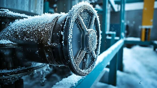 A close-up of a motor in an industrial refrigeration room, with complex water pipes extending in all directions, frost visibly clinging to the metal, emphasizing the room's cold ef