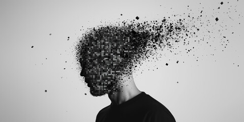 Silhouette of a person disintegrating into pixel particles