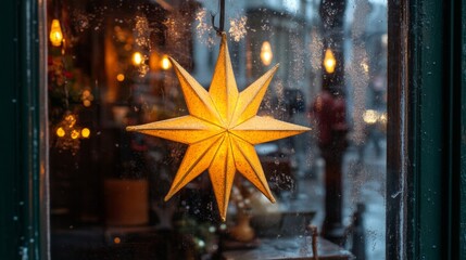 Illuminated Star Hanging in a Window with a Blurred Cityscape in the Background