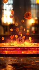 a smartphone with fire and an explosion of bitcoin coins in a bullish cryptocurrency market