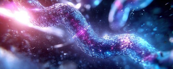 Futuristic multi layered image of glowing molecular structure, showcasing vibrant colors and intricate details. scene evokes sense of wonder and exploration