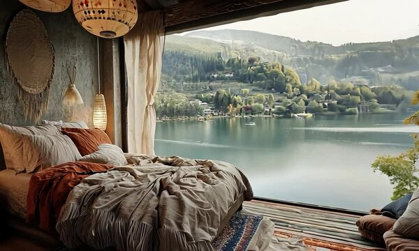 Bohemian bedroom with vibrant decor, cozy seating, and a view of rolling hills