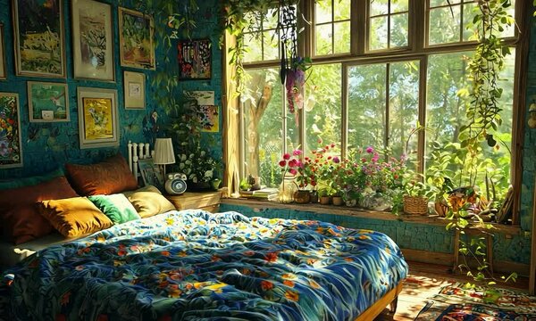 Bohemian bedroom with vibrant decor, cozy seating, and a view of rolling hills